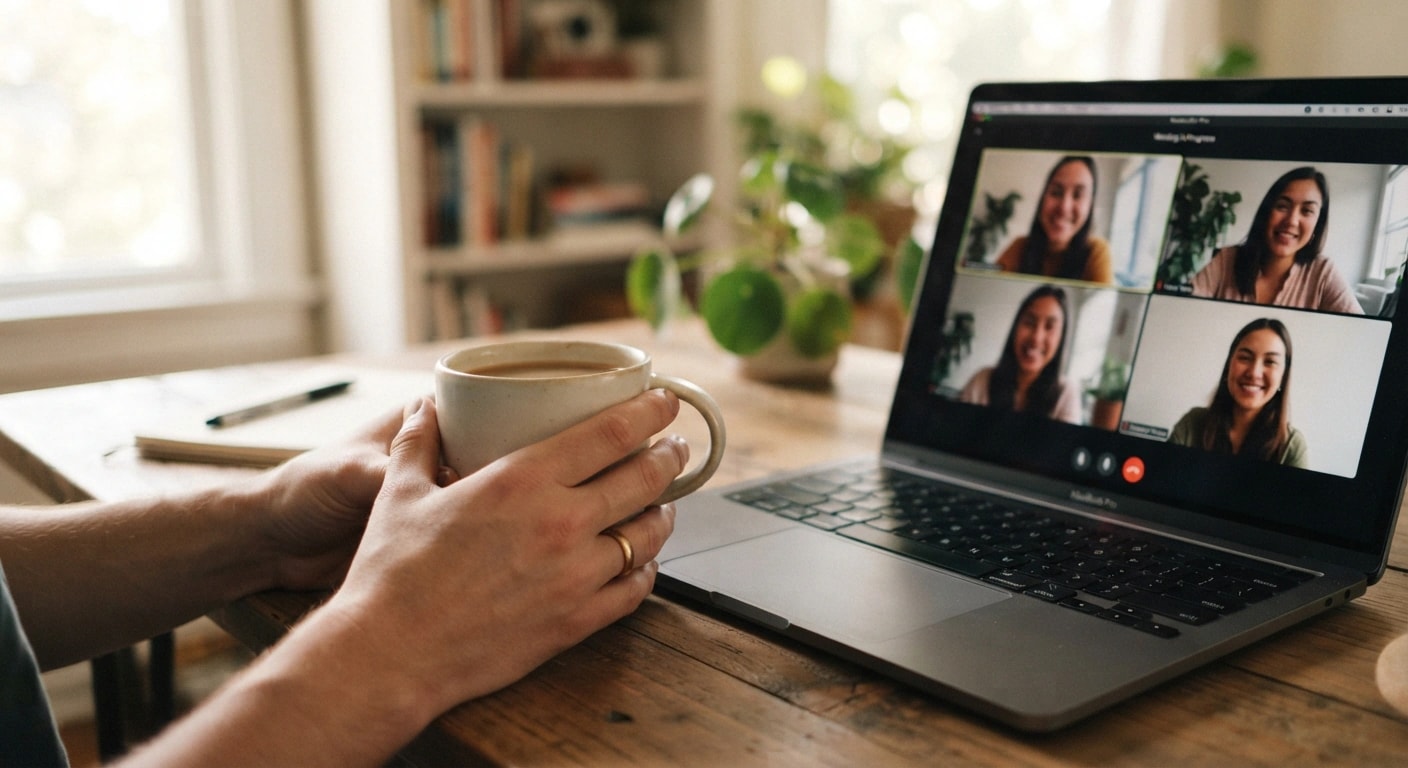 Hands holding a coffee cup next to a Mac with a video call open
