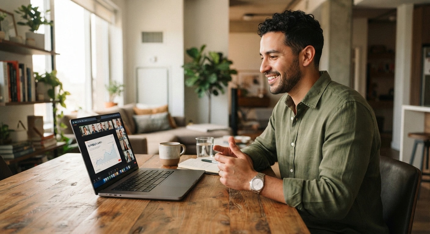 Man explaining a product demo on a video call from his Mac