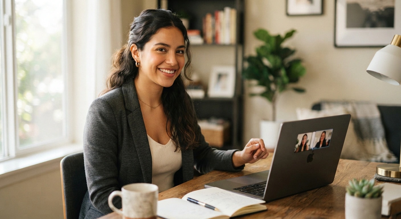 Woman in a job interview in English over a video call on her Mac