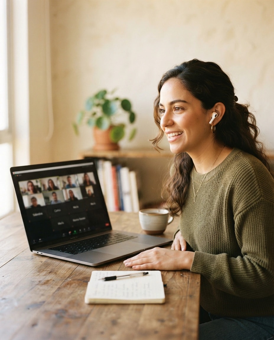 Woman with earbuds speaking confidently on a work video call at her Mac