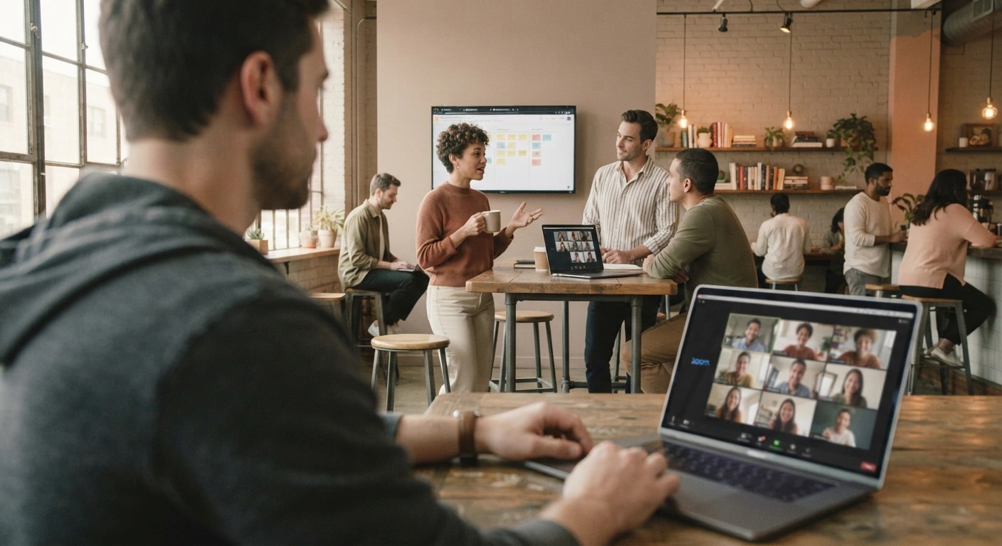 Team standup in a coworking space, with a video call open on a Mac
