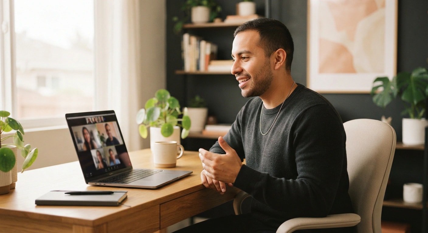 Man answering a question with confidence on a work video call at his Mac