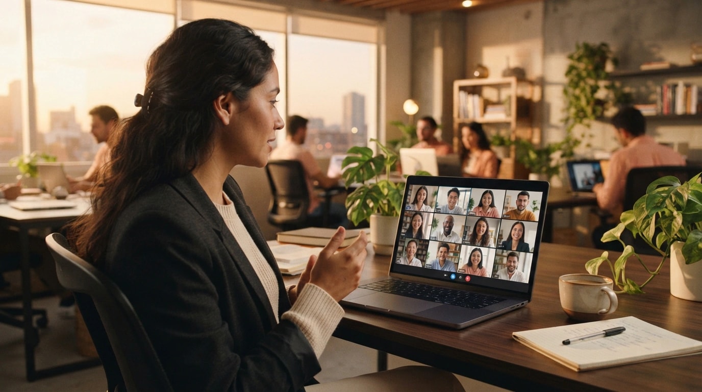 Woman on a video call with an international team from her Mac